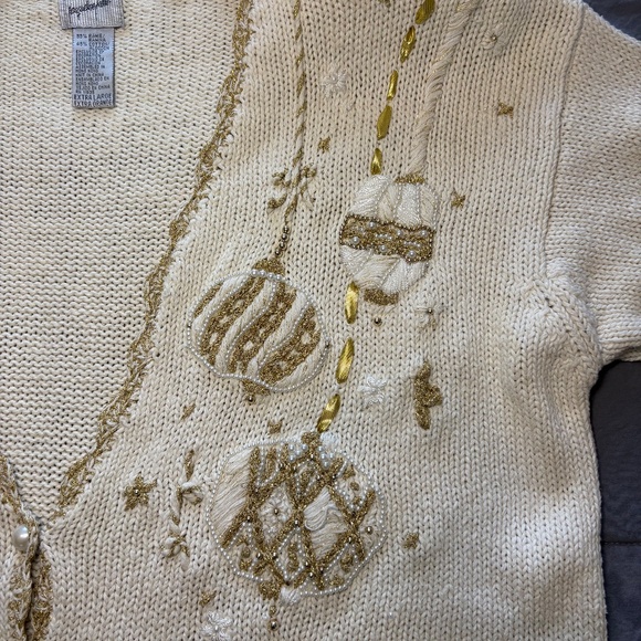 Vintage Jacqueline Christmas Cardigan Sweater Cream Gold Size Large - Picture 7 of 11